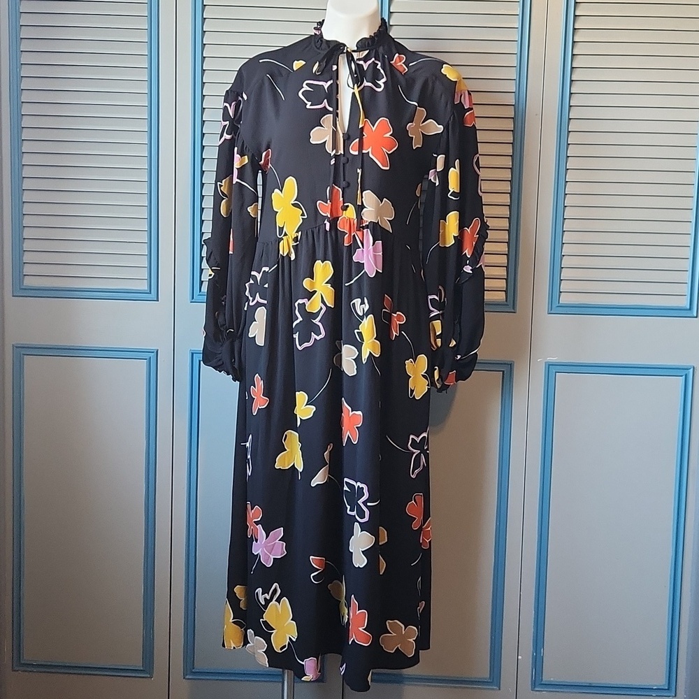 Ted Baker London Yviee Chuck Ruffle Long Sleeve Floral Midi Dress in Black - Picture 2 of 14